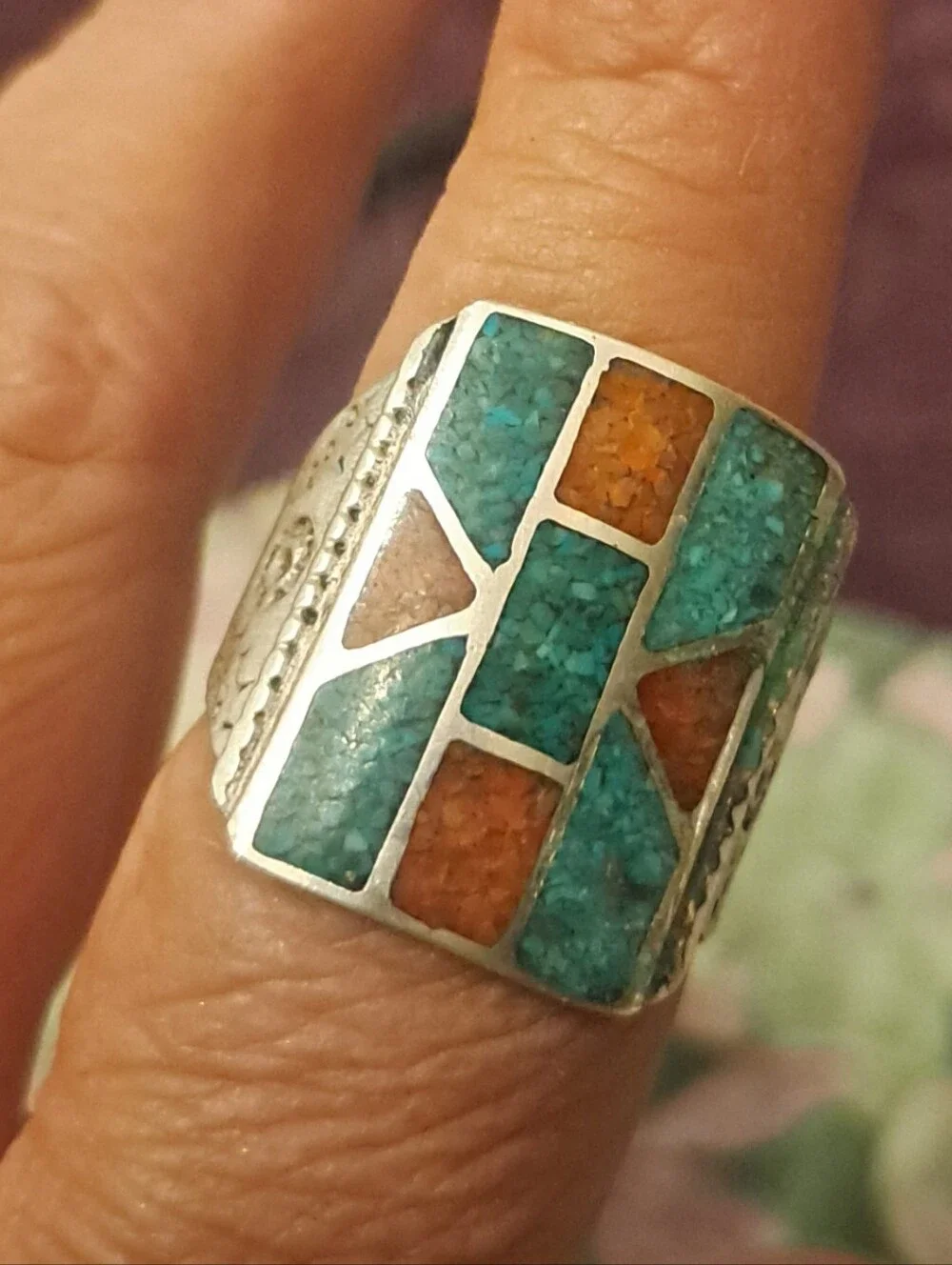 Vintage Native American Navajo Turquoise Coral Inlay Sterling Silver
